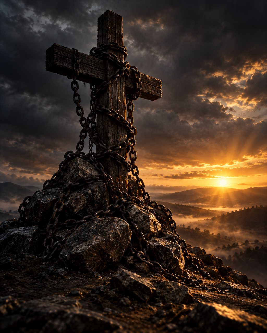 A wooden cross on a hill weighed down with heavy iron chains at dawn.
